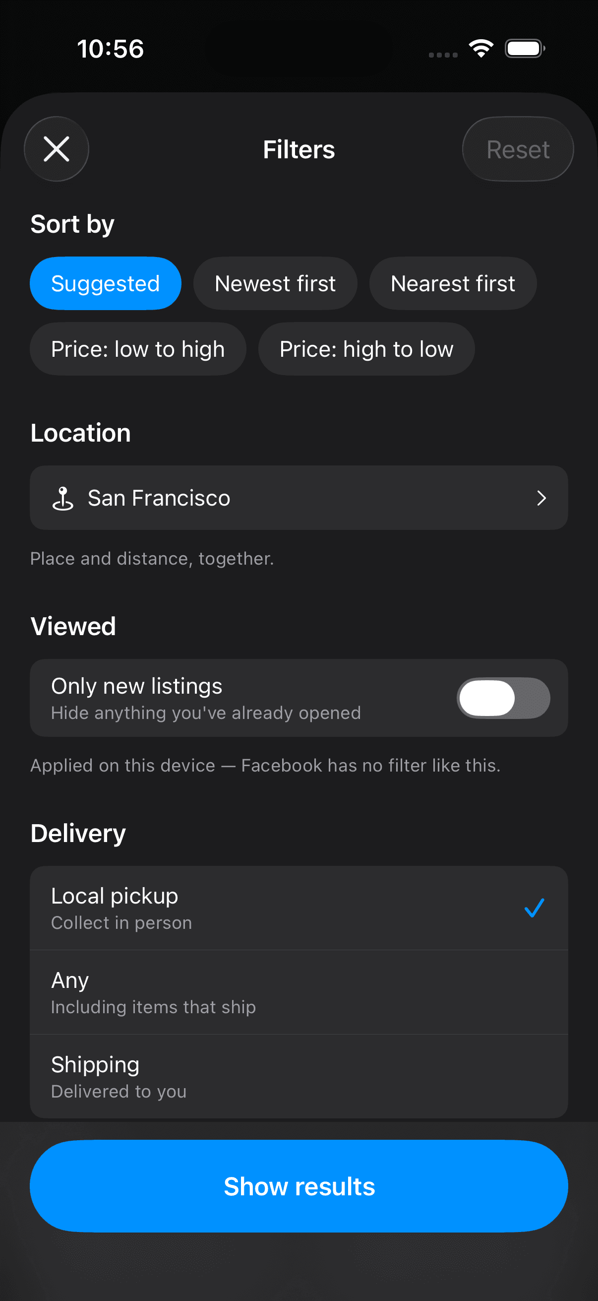 Openmarket filter sheet with sort options, location with radius, an Only-new-listings toggle, and delivery options