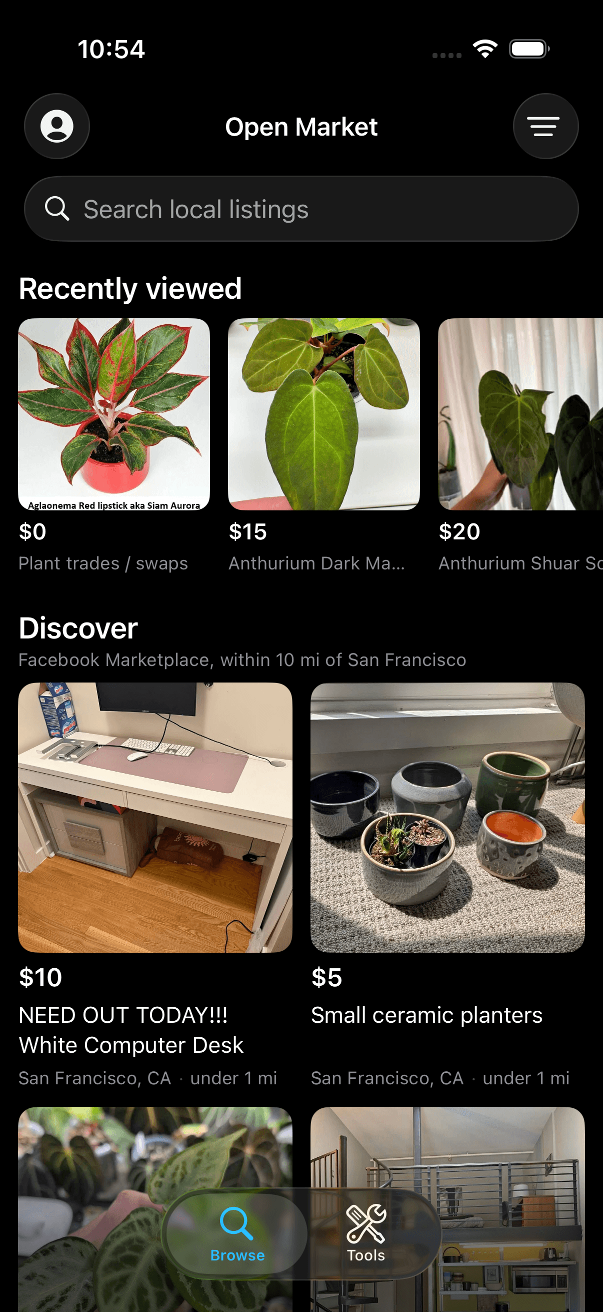 Openmarket home screen with Recently viewed and a Discover feed of listings within 10 miles of San Francisco