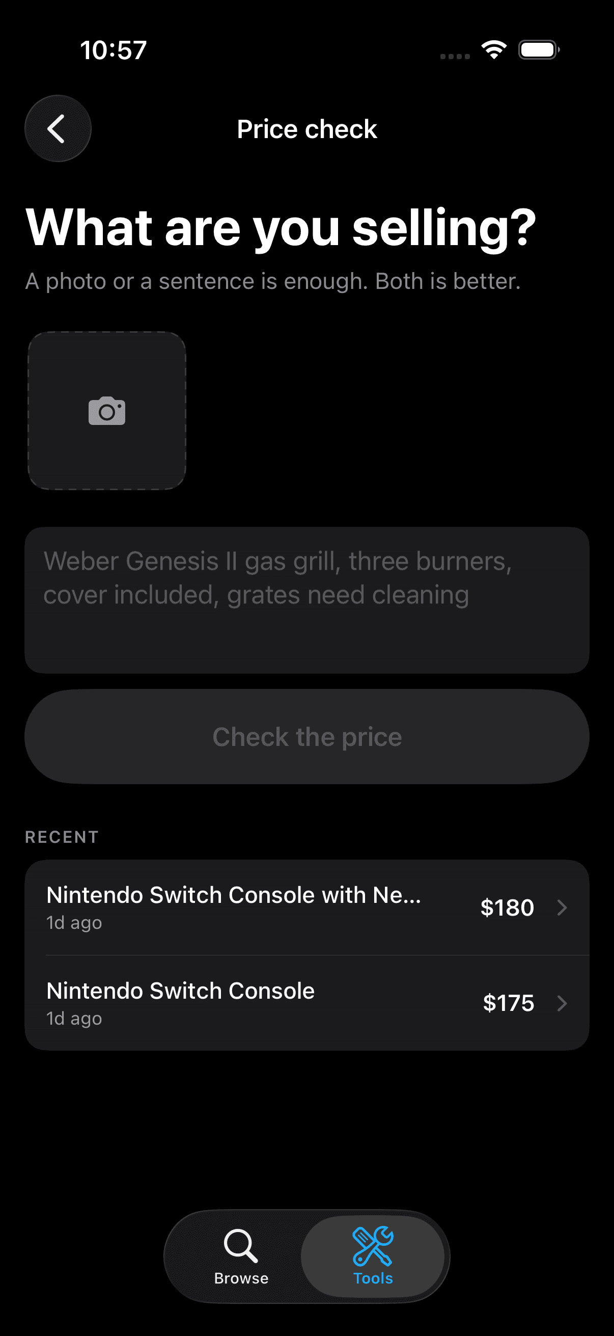 Openmarket Price Check asking “What are you selling?” with photo and text input