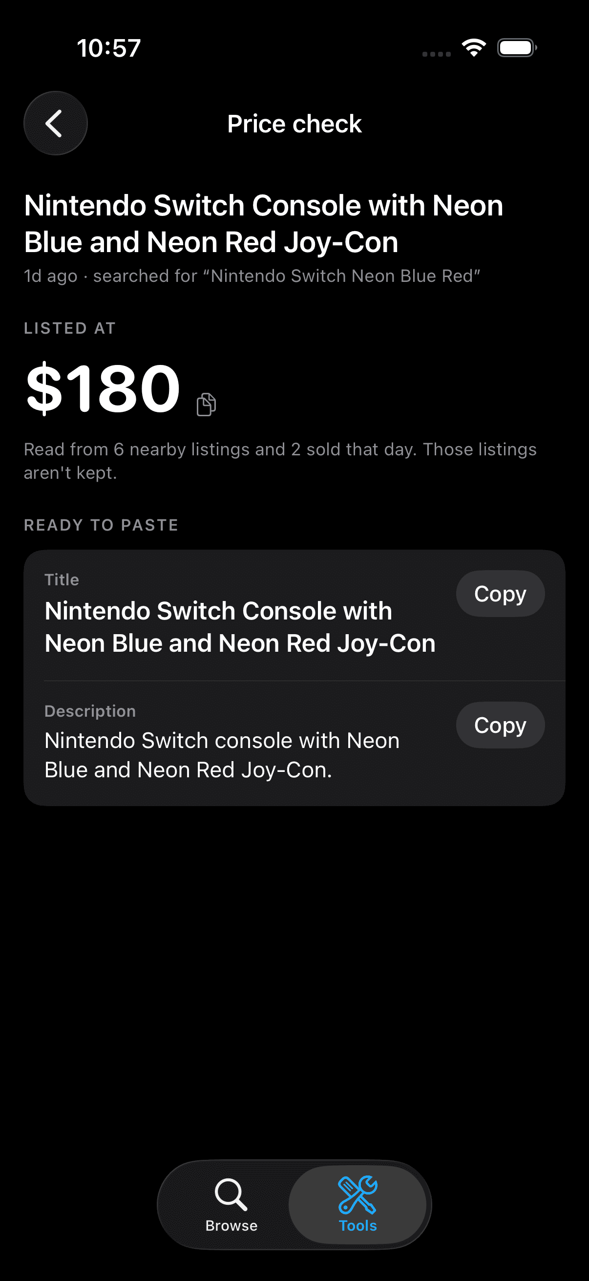 Price Check result recommending a listing price read from nearby and sold listings, with ready-to-paste title and description