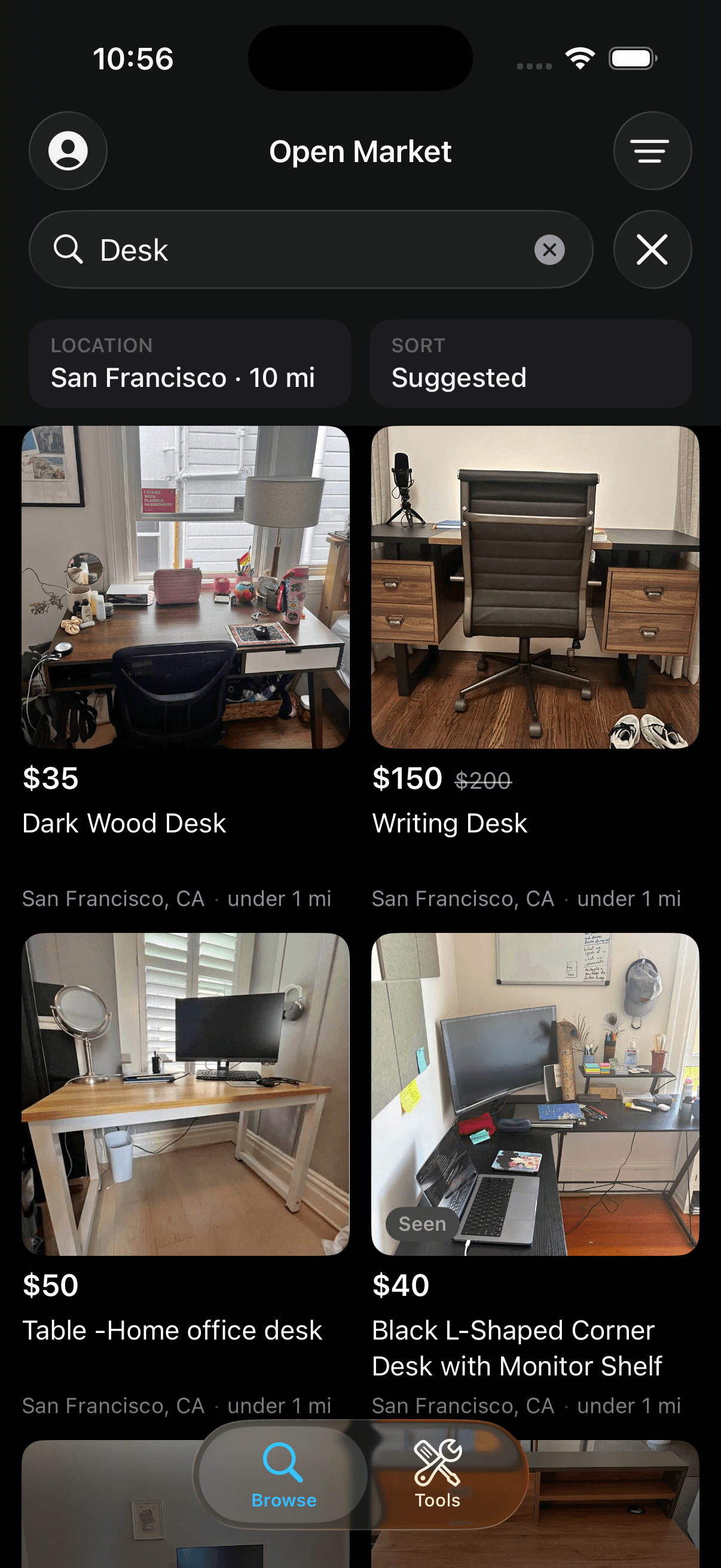 Openmarket search results for “desk” showing prices, price drops, and the city and distance on every listing