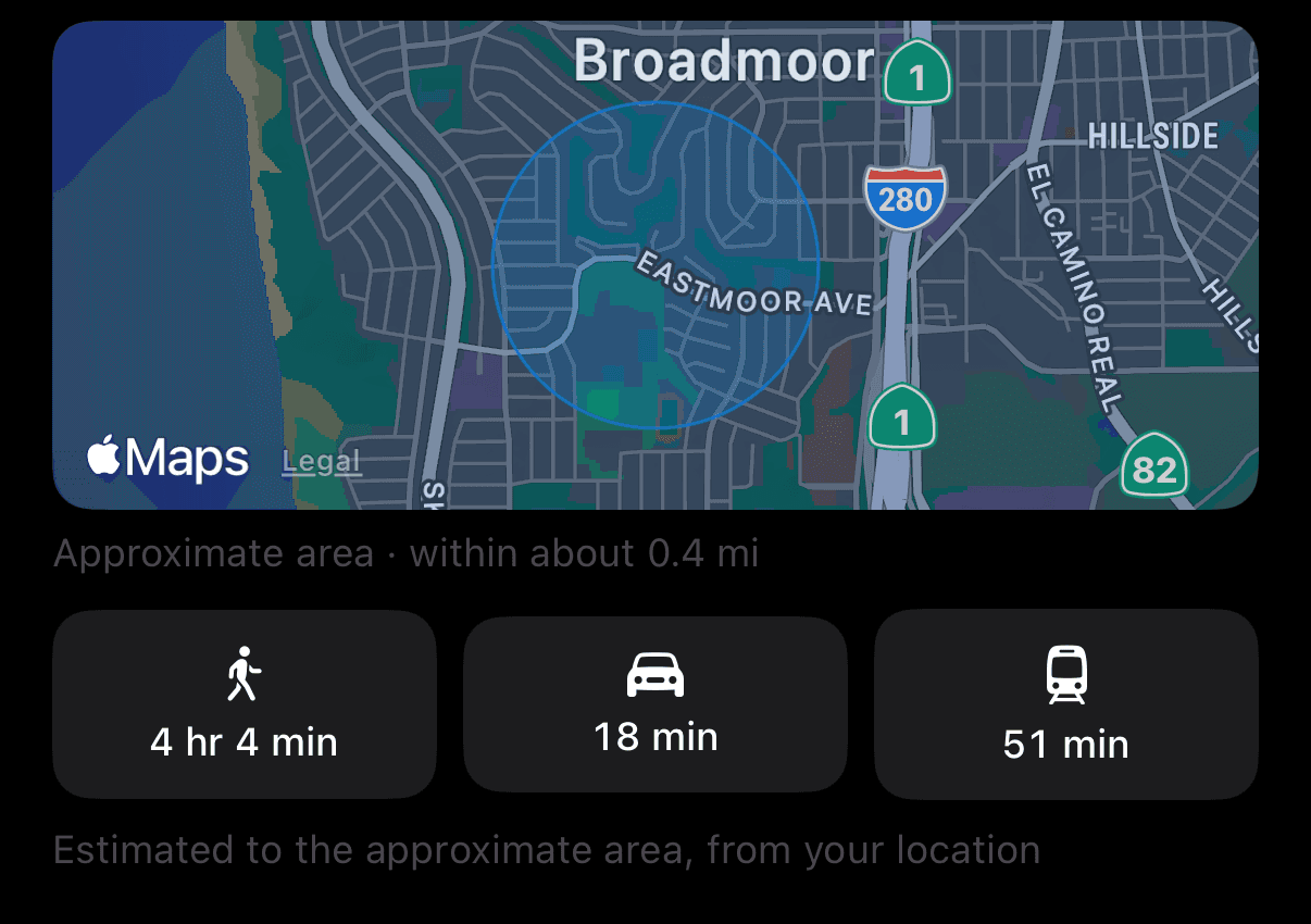 Approximate area map with walking, driving, and transit times